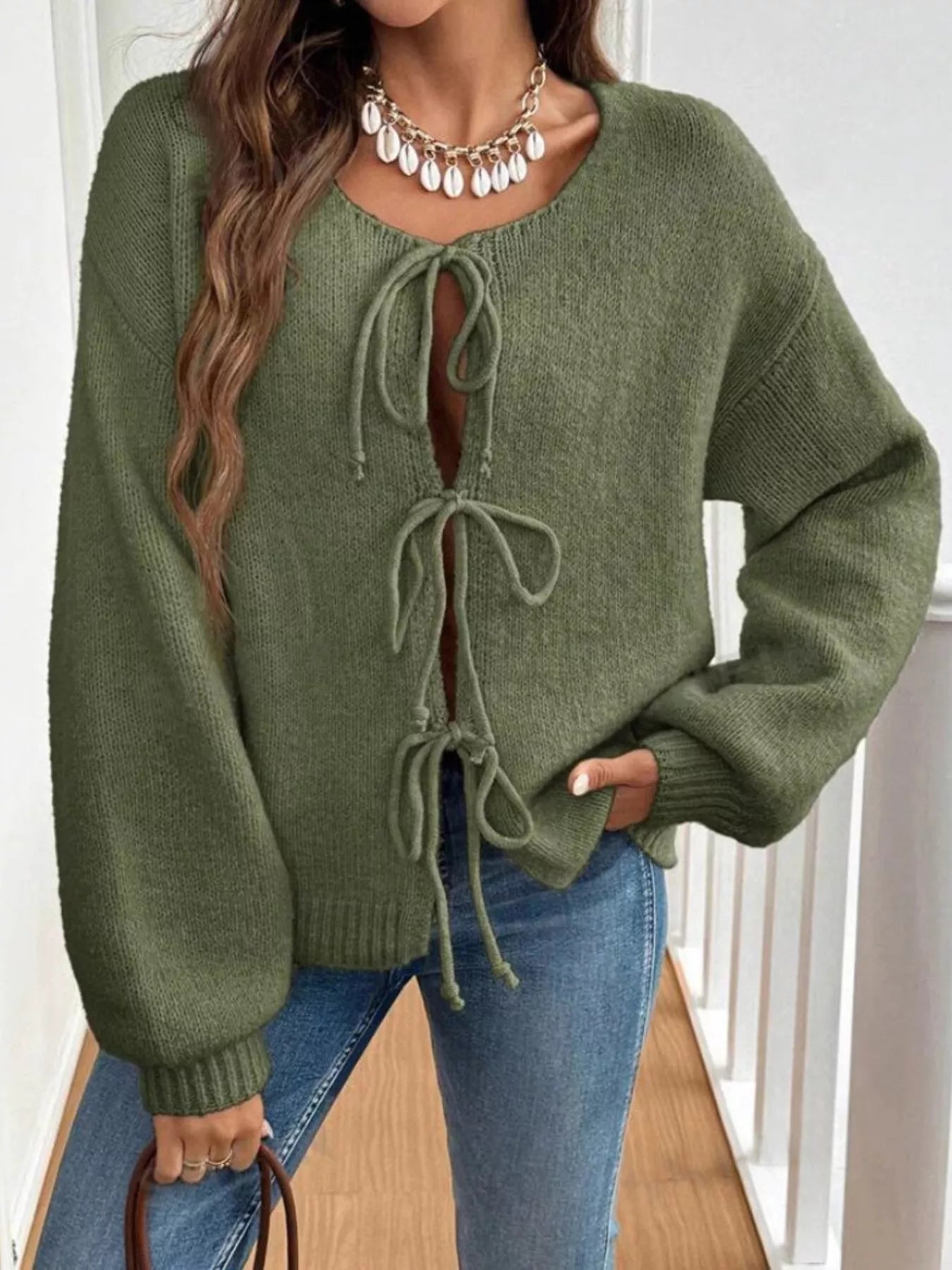 Tie-Front Long Sleeve Cardigan Military Green