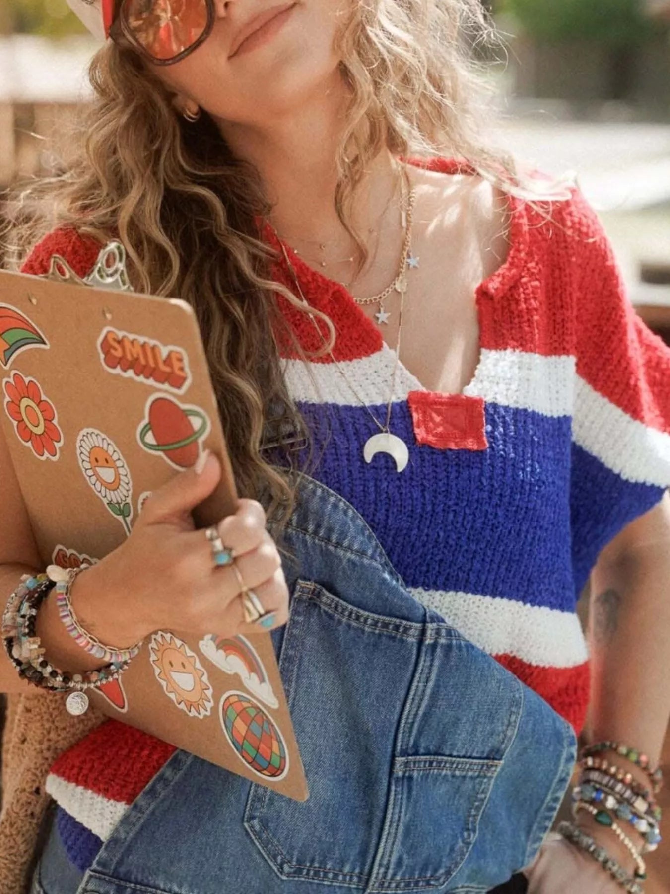 Striped Notched Short Sleeve Sweater