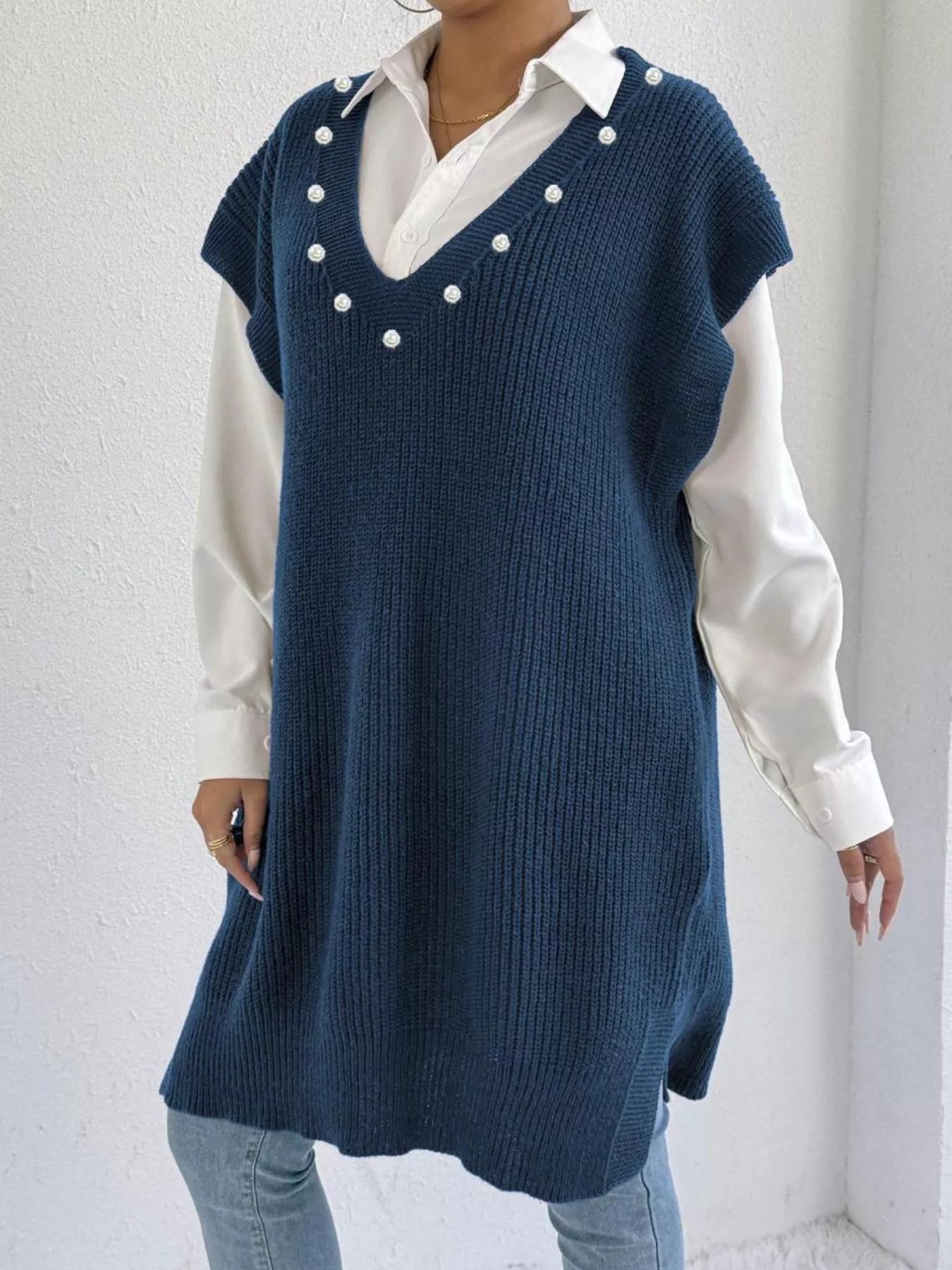 Slit V-Neck Sweater Dress