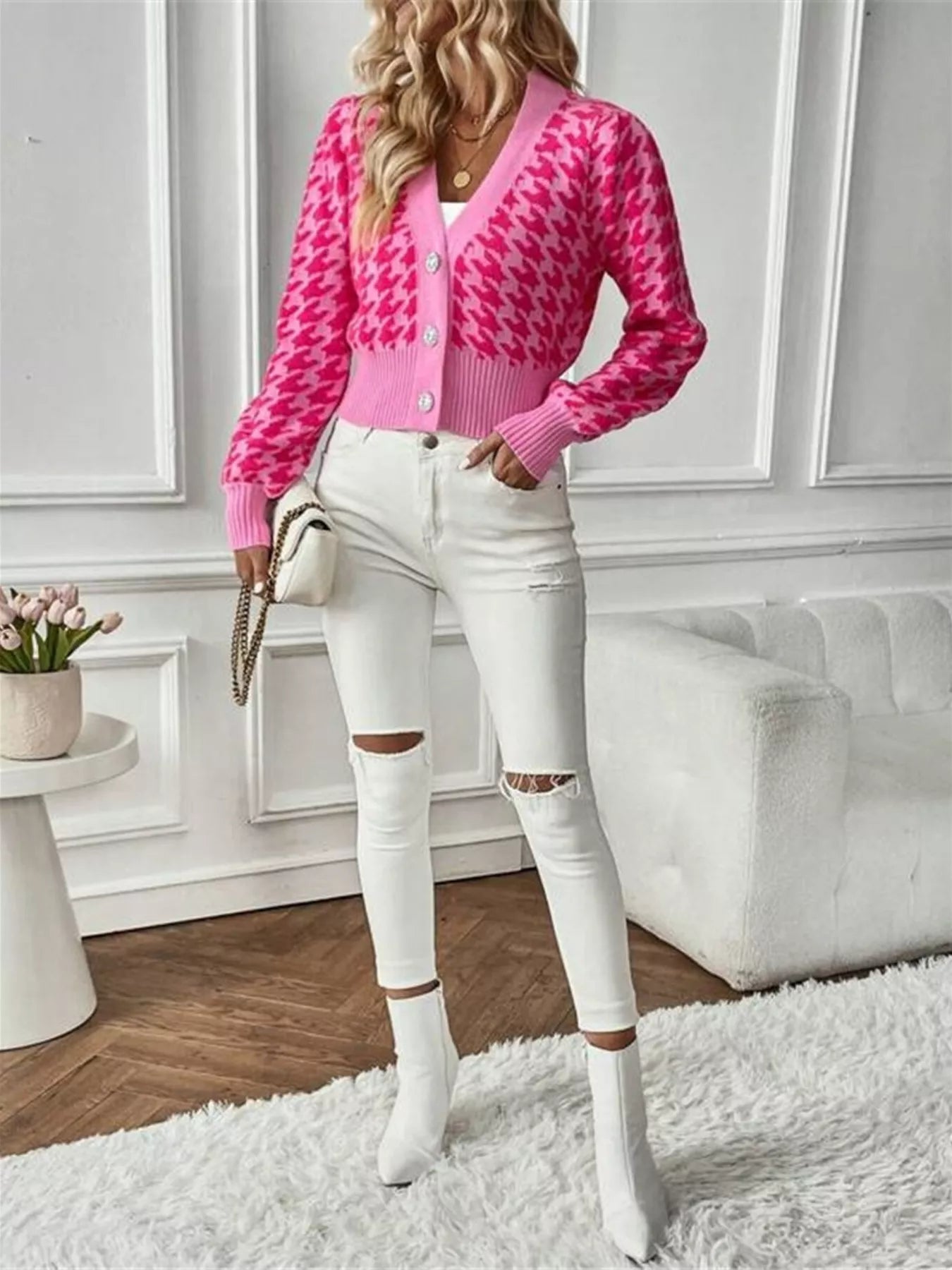 Houndstooth V-Neck Button Up Cardigan