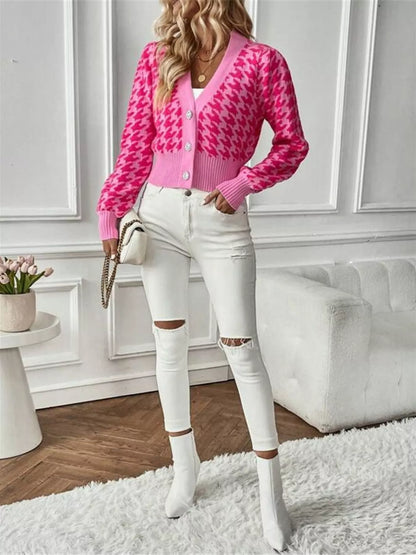 Houndstooth V-Neck Button Up Cardigan