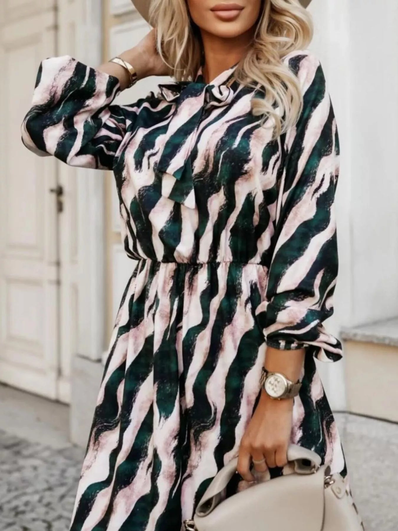 Ruffled Hem Striped Long Sleeve Dress