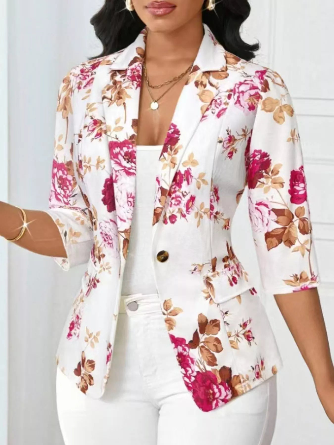 Floral Print One Button Casual Blazer Hot Pink