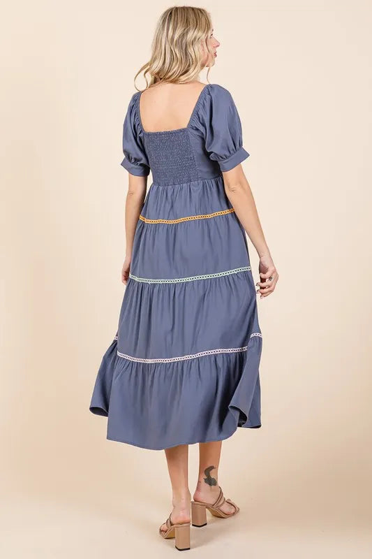 Lime 'N' Chili Trim Detail Puff Sleeve Tiered Maxi Dress