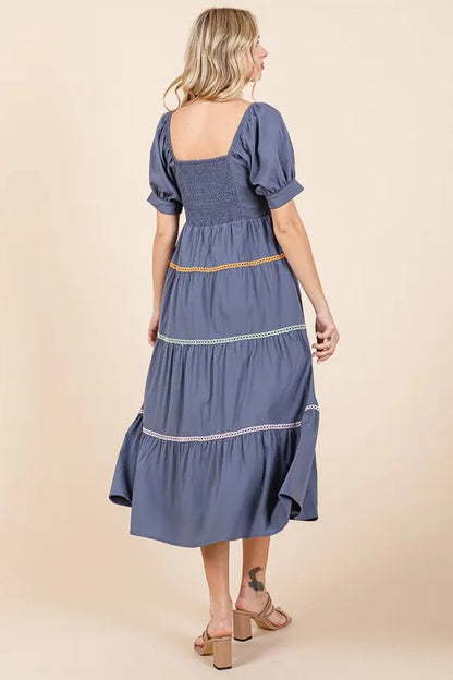 Lime 'N' Chili Trim Detail Puff Sleeve Tiered Maxi Dress