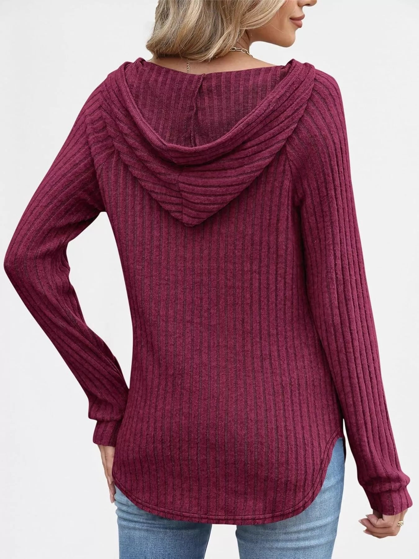 Full Size Ribbed Knit Button Detail Hooded Top Plus Size