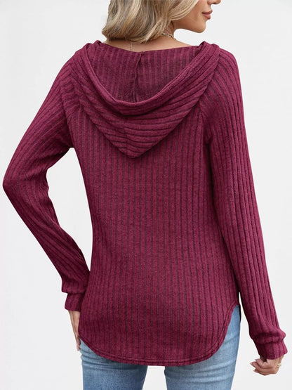 Full Size Ribbed Knit Button Detail Hooded Top Plus Size
