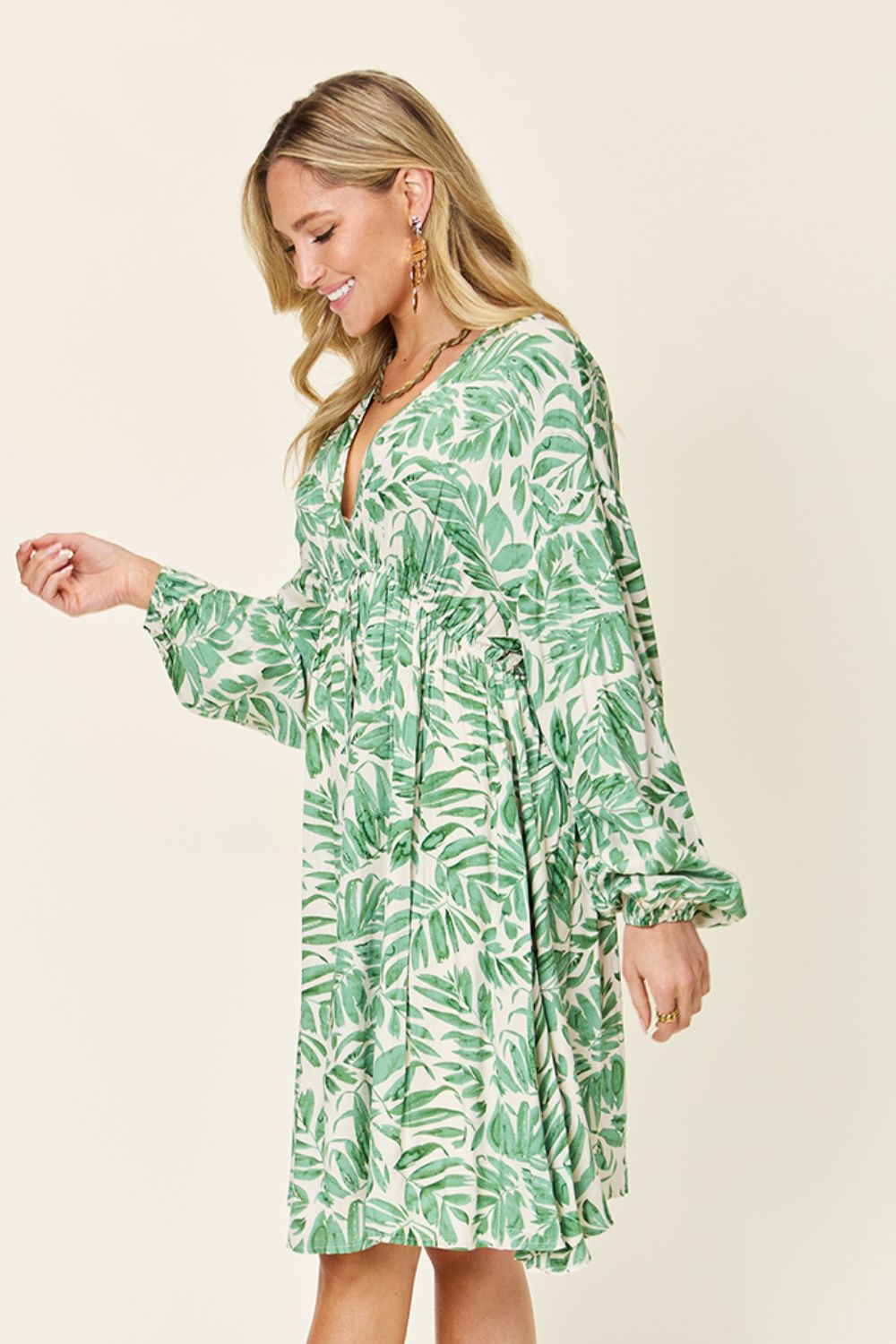 Printed Ruched Balloon Sleeve Dress