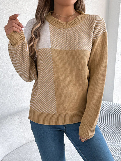 Color Block Striped Round Neck Sweater