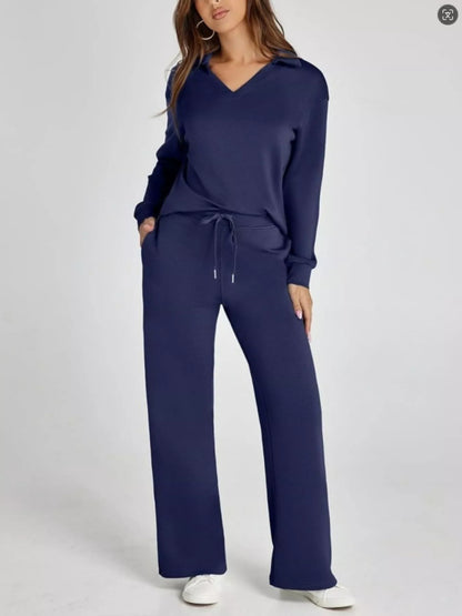 Full Size Johnny Collar Long Sleeve Top and Pants Plus Size Navy