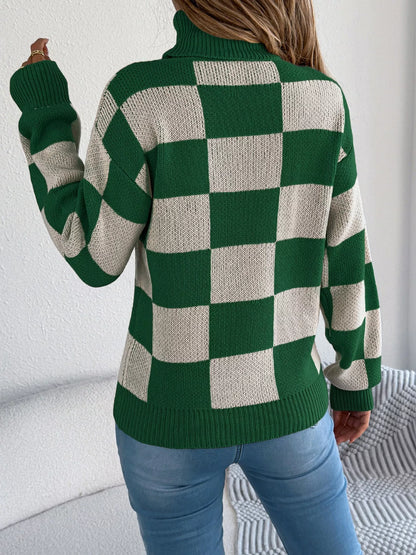 Checkered Turtleneck Long Sleeve Sweater