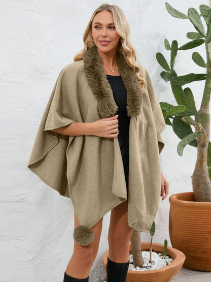 Fuzzy Trim Open Front Poncho Mocha One Size