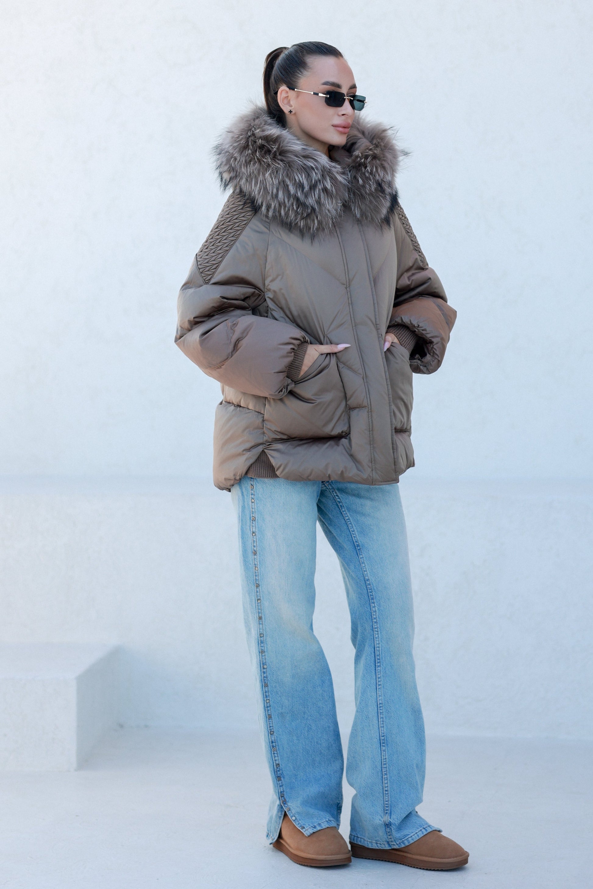 Genuine Fur Trim Down Fill Coat Cappuccino