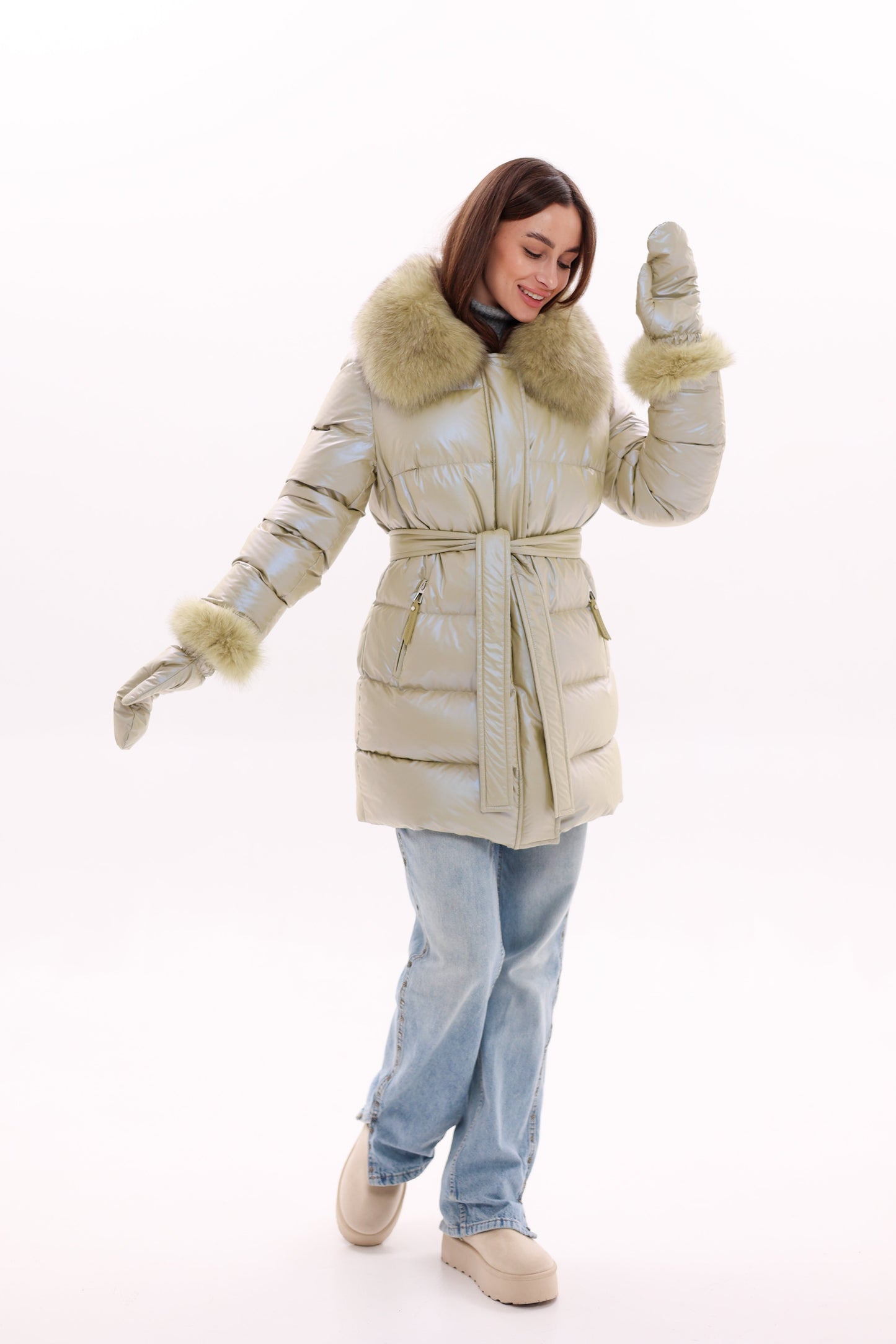 Genuine Fox Fur Down Coat with Fur Trim Mittens