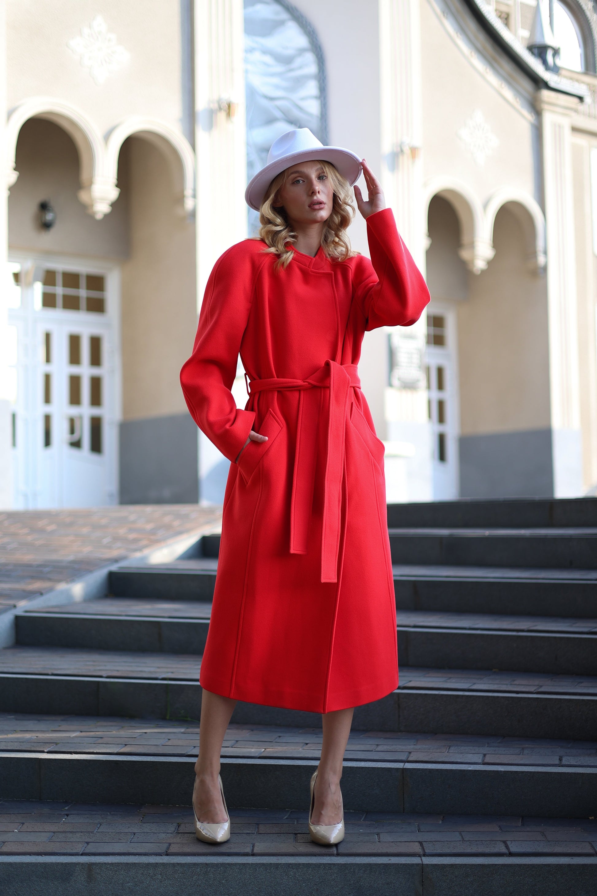 Band Collar Wool Blend Coat in Red Red