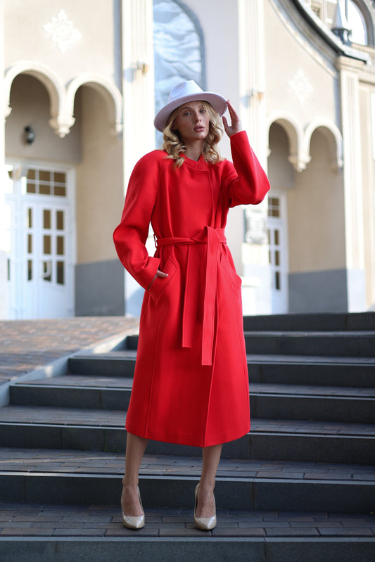 Band Collar Wool Blend Coat in Red Red