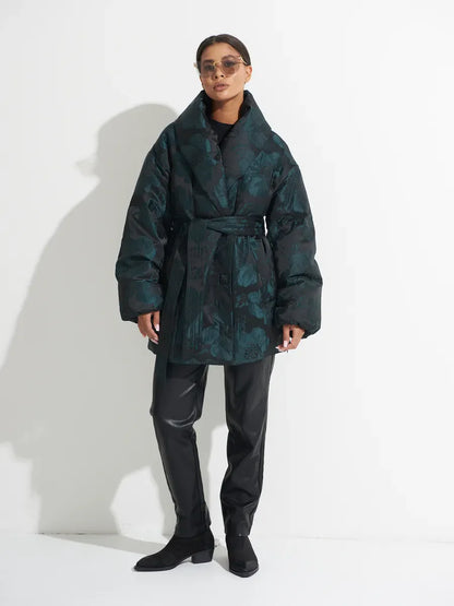 Monochrome Jacquard Down Coat in Vintage Emerald
