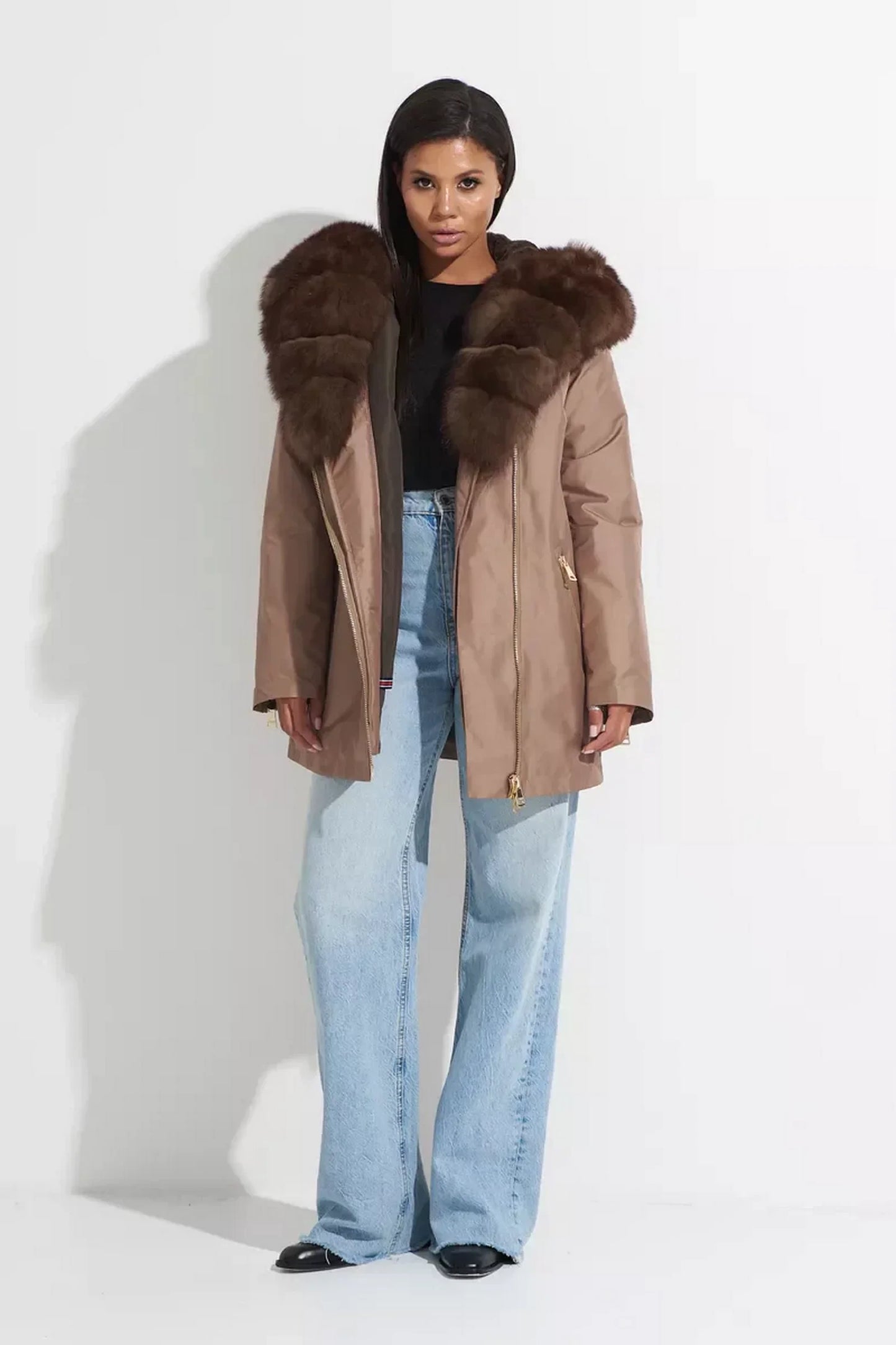 Genuine Polar Fox Fur Trim Rabbit Fur Insulated Parka Brushed Copper