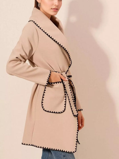 Contrast Trim Tie Waist Outerwear