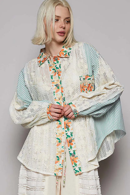 POL Lace Long Sleeve Shirt with Floral and Striped Pattern Pastel Blue