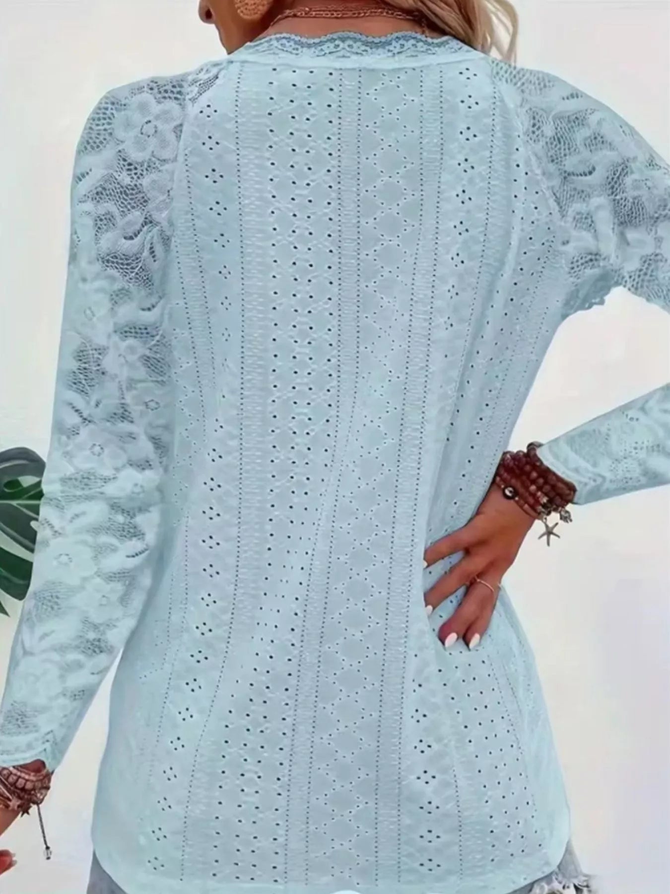 Eyelet Lace Sleeve V-Neck Blouse