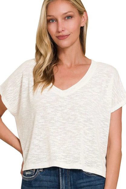 Zenana Hacci Slub V-neck Drop Shoulder Crop Top IVORY