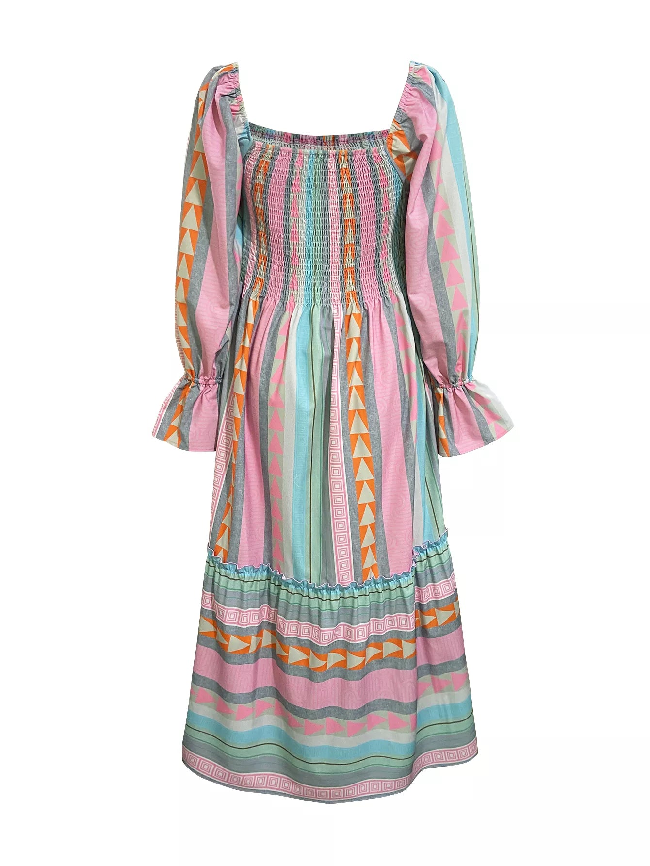 Smocked Square Neck Flounce Sleeve Maxi Dress