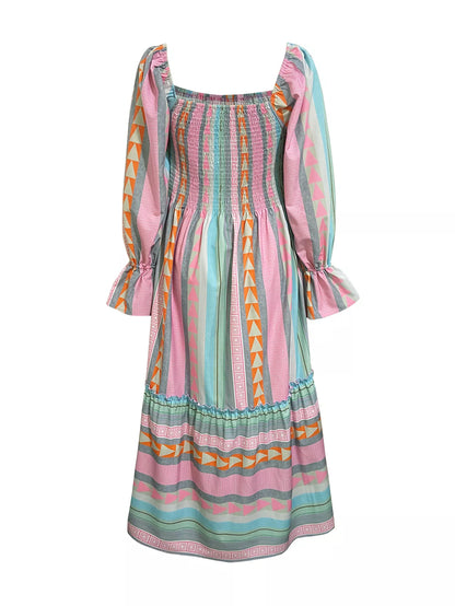Smocked Square Neck Flounce Sleeve Maxi Dress