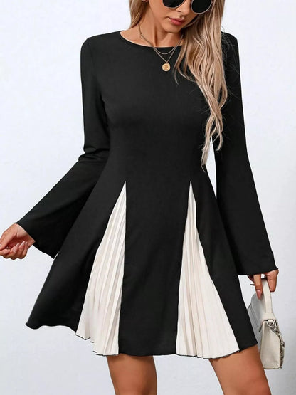 Pleated Flare Sleeve Mini Dress Black