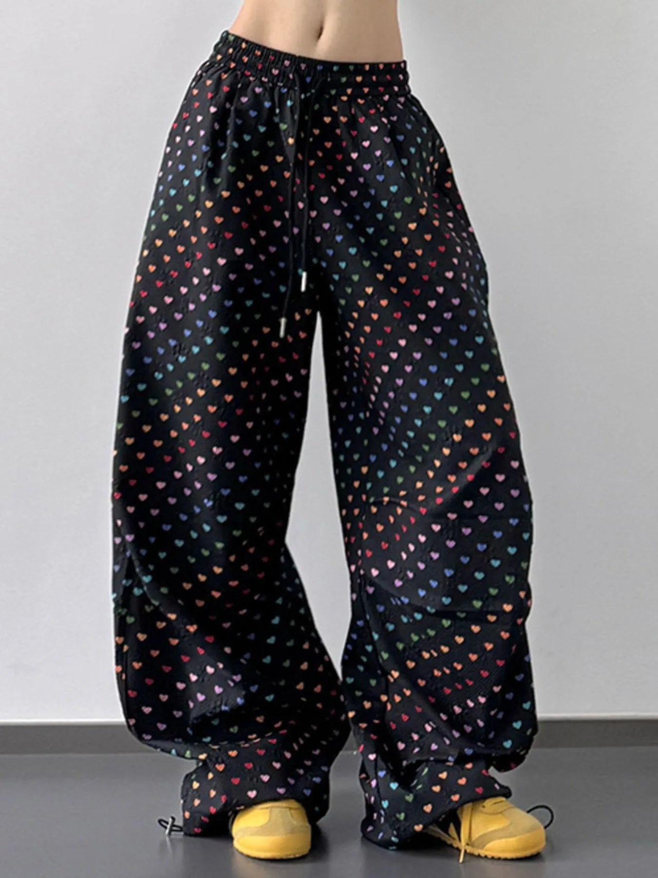 Heart Print Drawstring Wide Leg Pants
