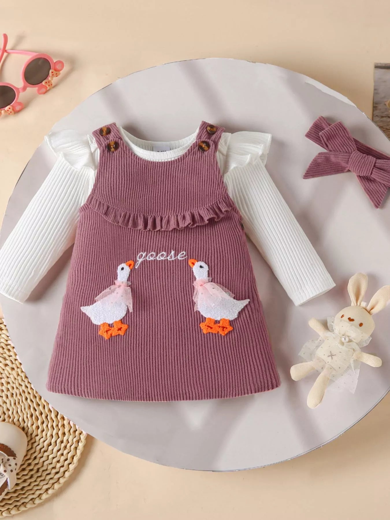 Children's Ruffled Trim Bodysuit and Dress Set with Headband