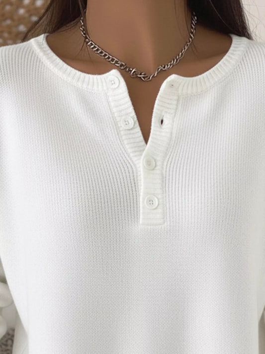 Full Size Half Button Long Sleeve Knit Top Plus Size