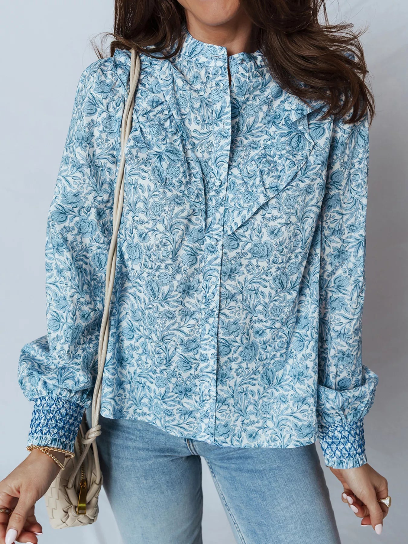 Floral Button Up Puff Sleeve Shirt Pastel Blue