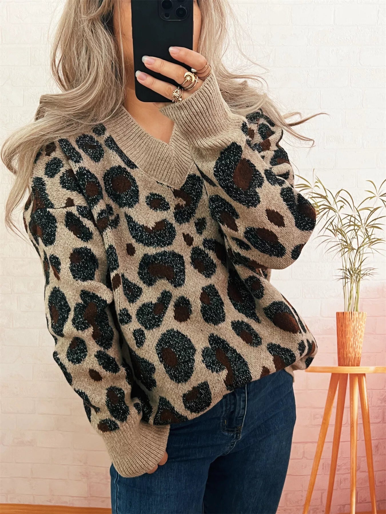 Leopard V-Neck Drop Shoulder Sweater Khaki One Size