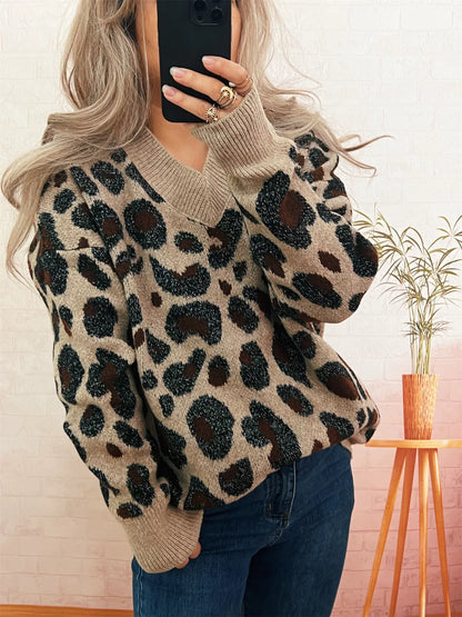 Leopard V-Neck Drop Shoulder Sweater Khaki One Size
