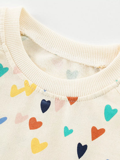 Children's Heart Print Ruffle Hem Long Sleeve Top