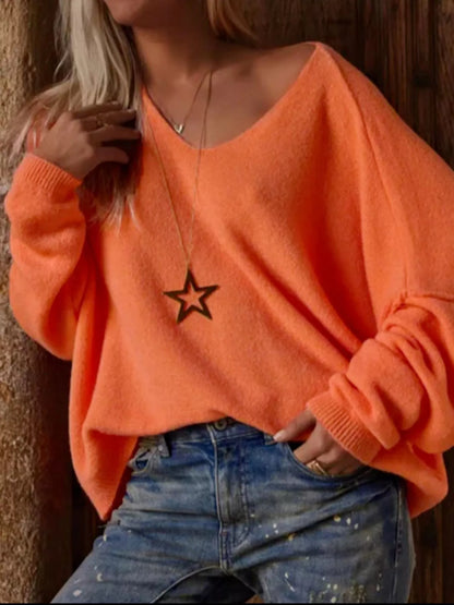 V-Neck Dropped Shoulder Sweater Tangerine