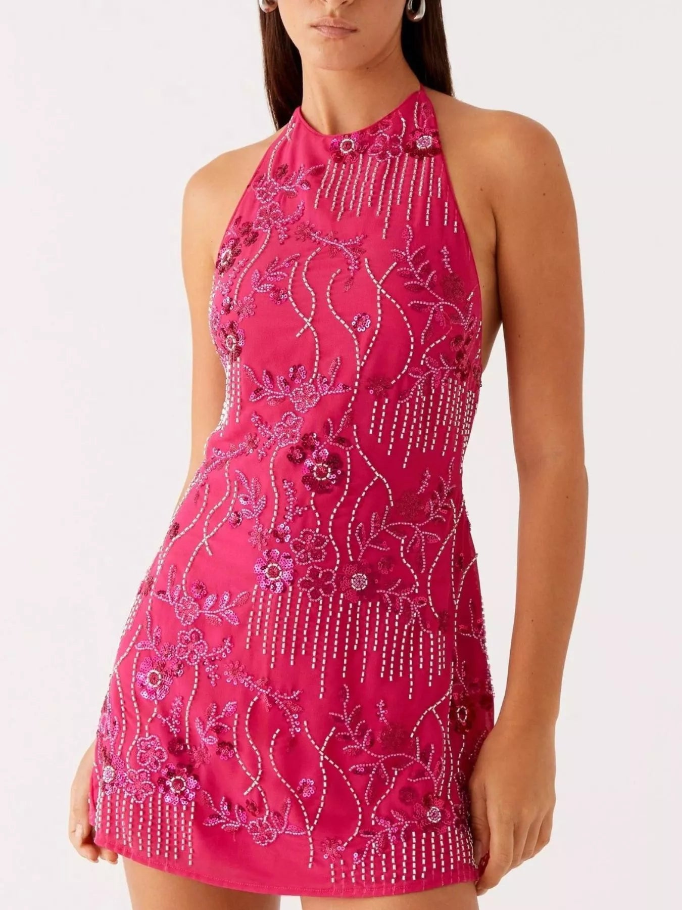 Backless Embroidered Halter Neck Mini Dress