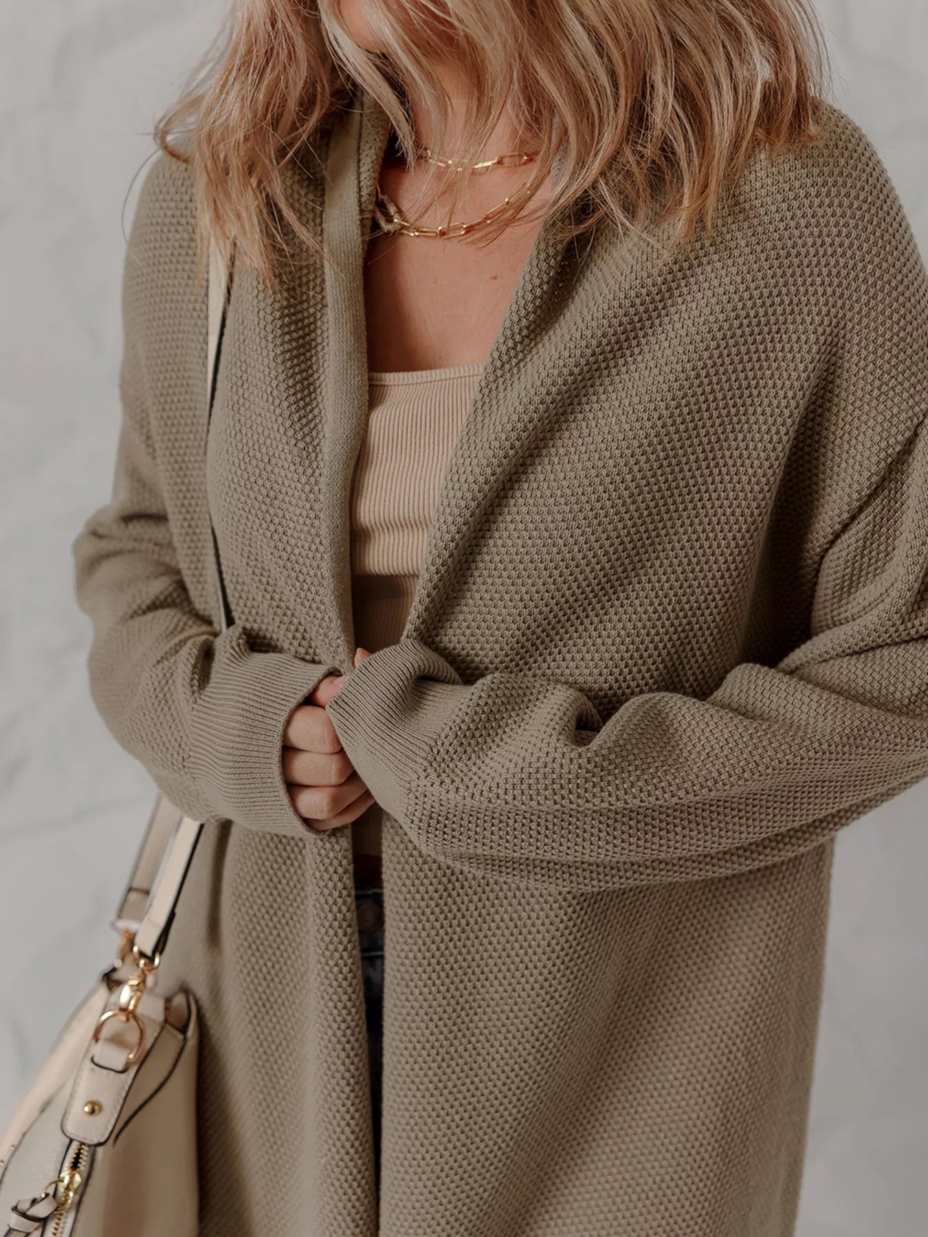 Solid Color Textured Knit Open Front Oversize Cardigan