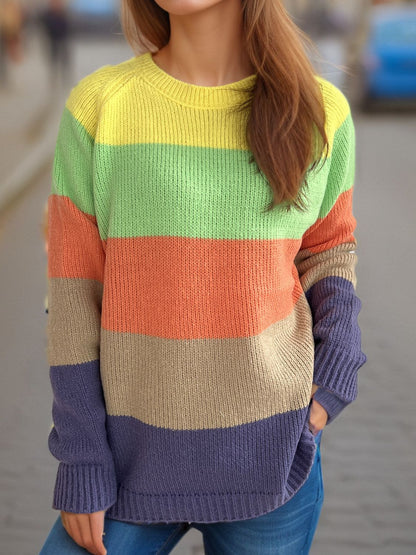 Color Block Round Neck Long Sleeve Sweater Yellow One Size