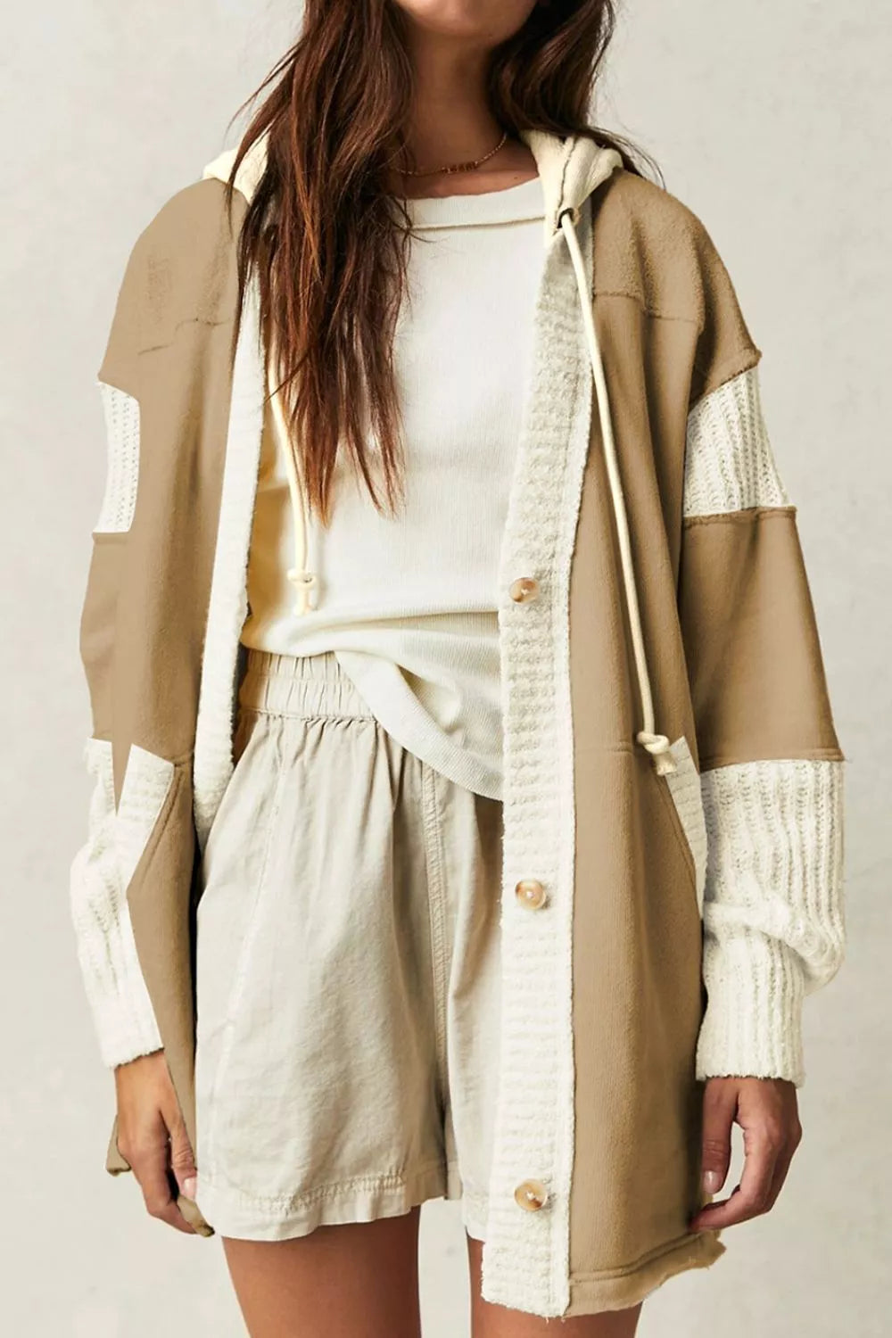 Color Block Knit Trim Drawstring Hoodie