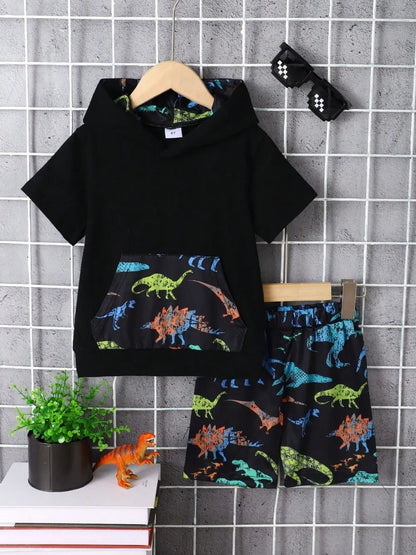 Children's Dinosaur Short Sleeve Hooded Top and Pants Set Black