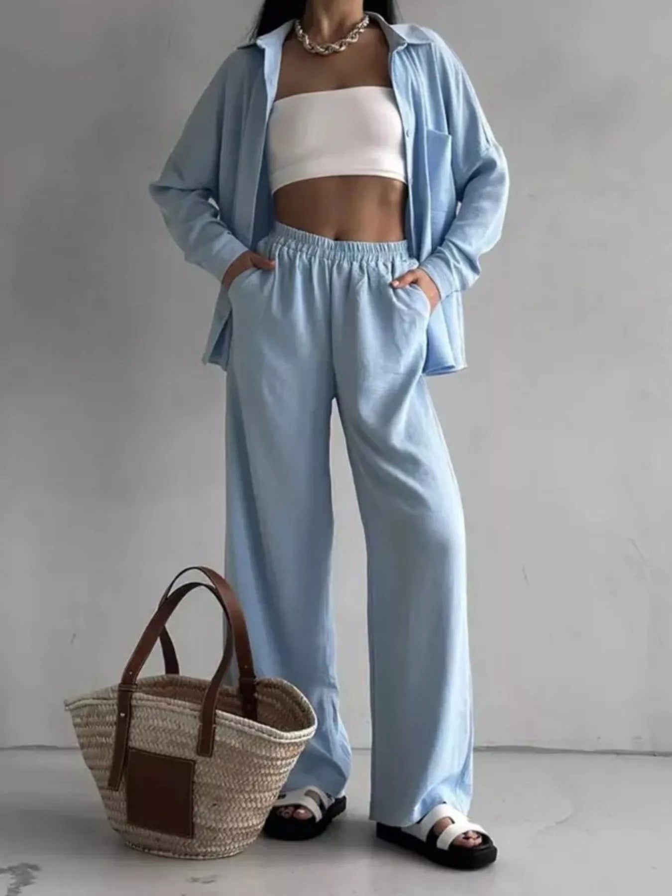 Button Up Long Sleeve Shirt and Pants Set