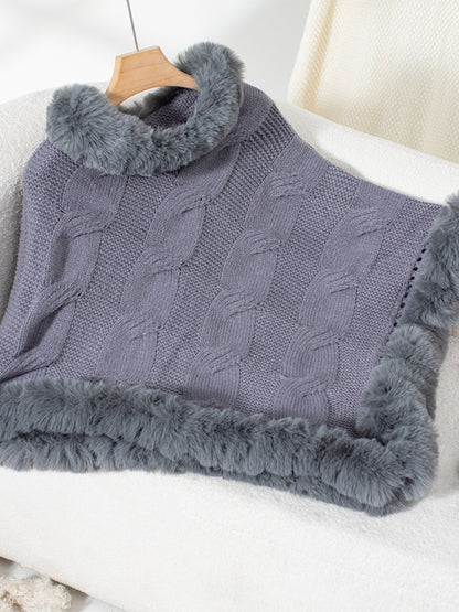 Fuzzy Hem Cable-Knit Poncho Dark Gray One Size