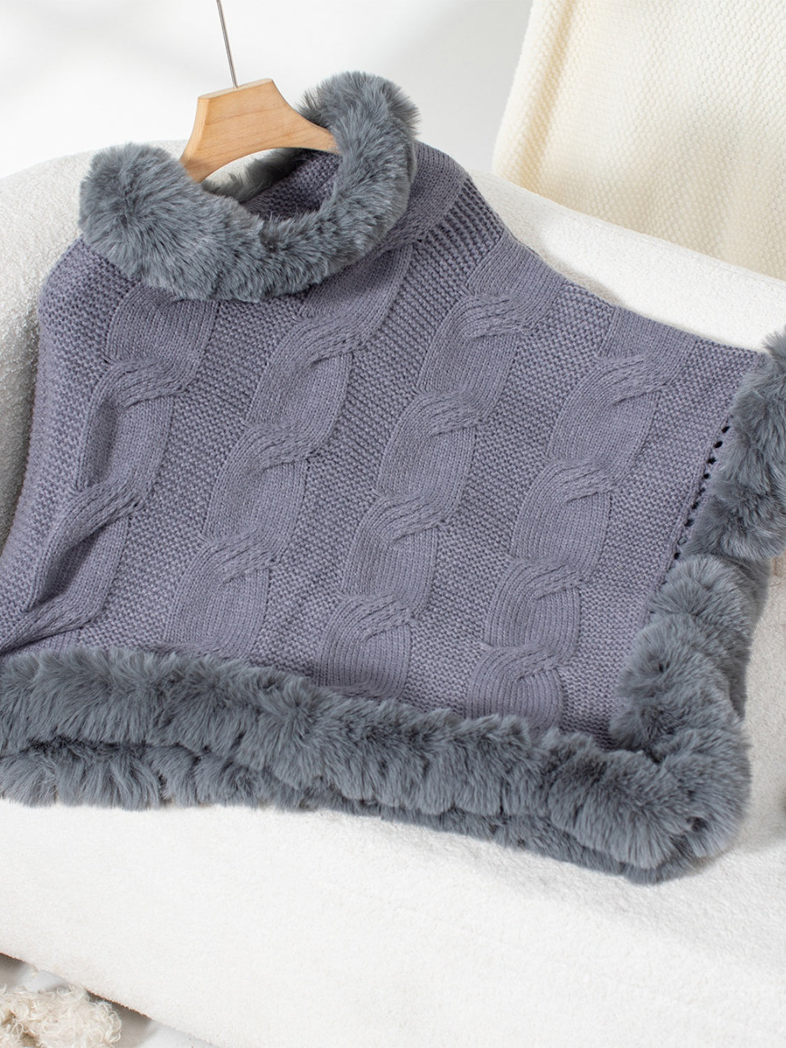 Fuzzy Hem Cable-Knit Poncho Dark Gray One Size