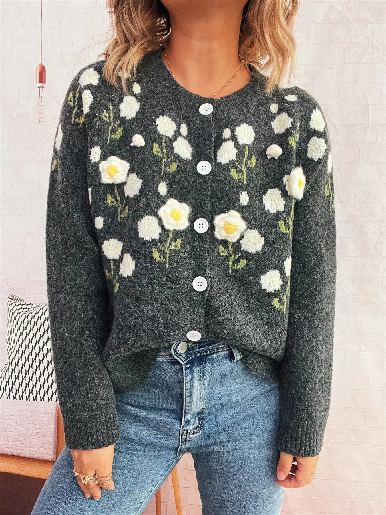 Flower Button Up Long Sleeve Cardigan