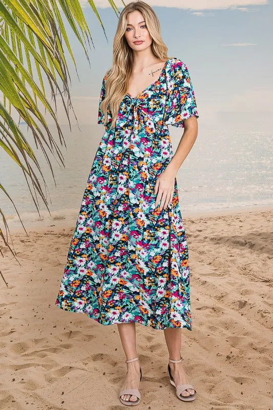 Lime 'N' Chili Floral Print Sweetheart Neck Tie Front Midi Dress BLACK COMBO