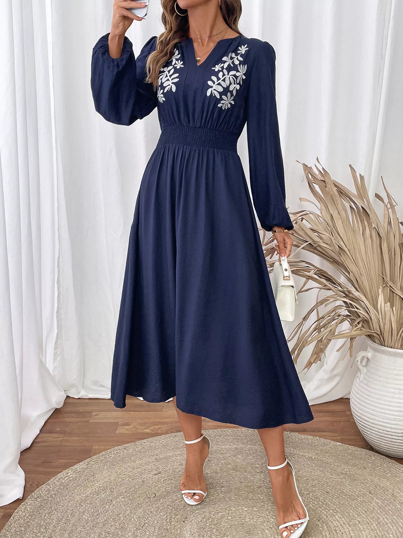 Embroidered Notched Long Sleeve Midi Dress Navy