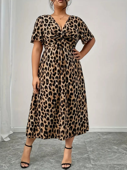 Plus Size Twisted Front Leopard Short Sleeve Dress