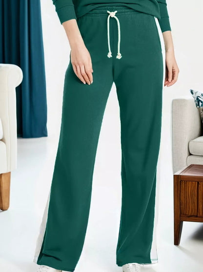 Round Neck Top and Stripe Detail Drawstring Pants Set